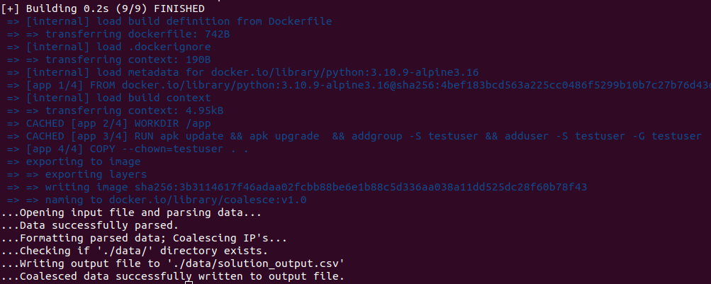 Screenshot of the Coalescer application running inside the Docker container.