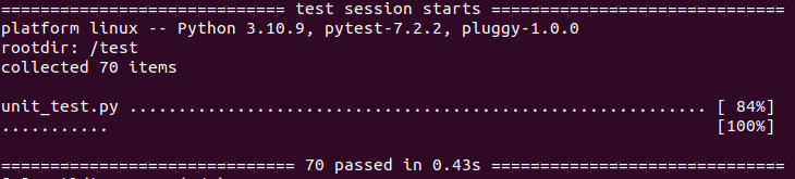 Screenshot of the unit tests executing inside of the docker container from the test stage.